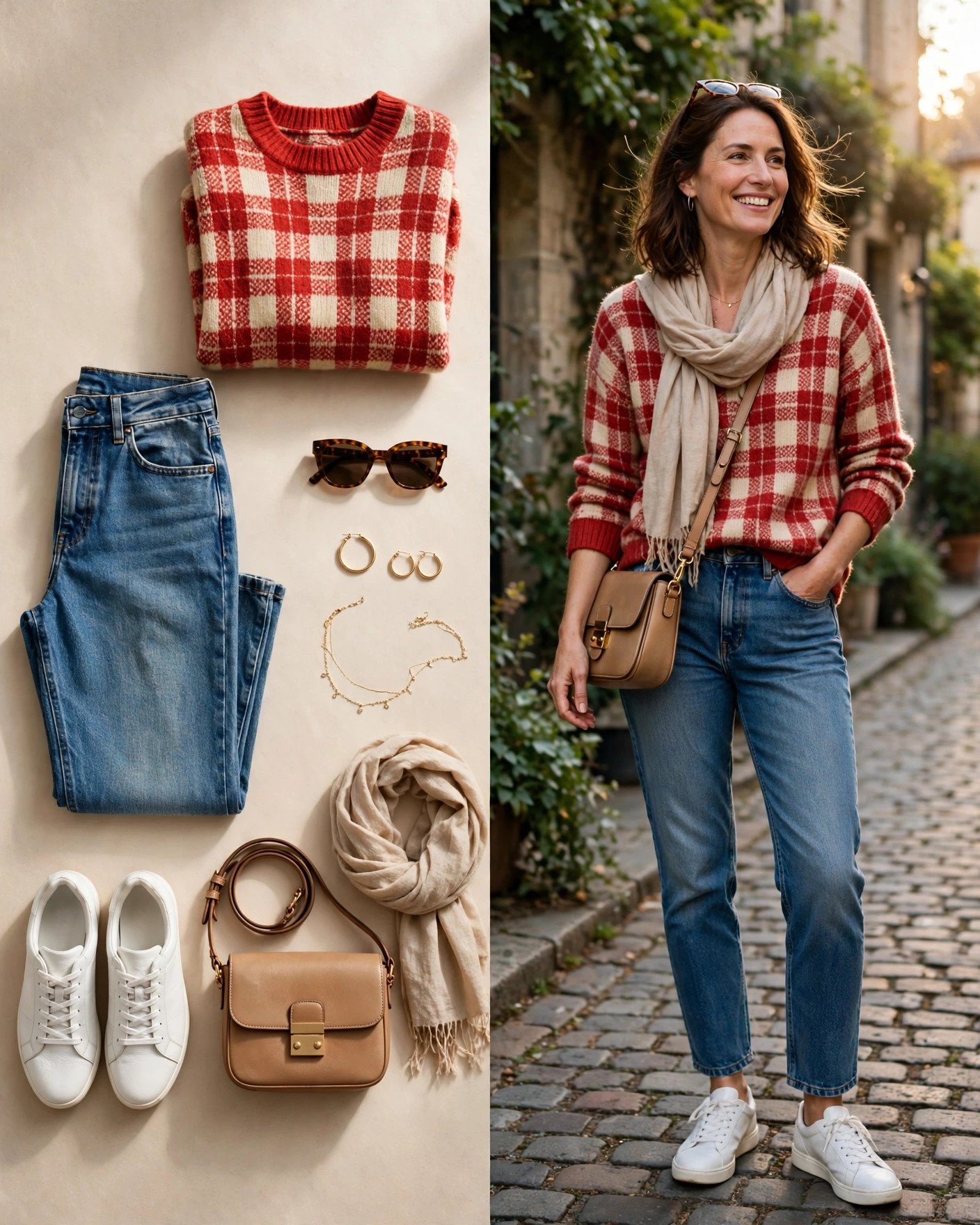 Classic red plaid sweater with high-waisted jeans