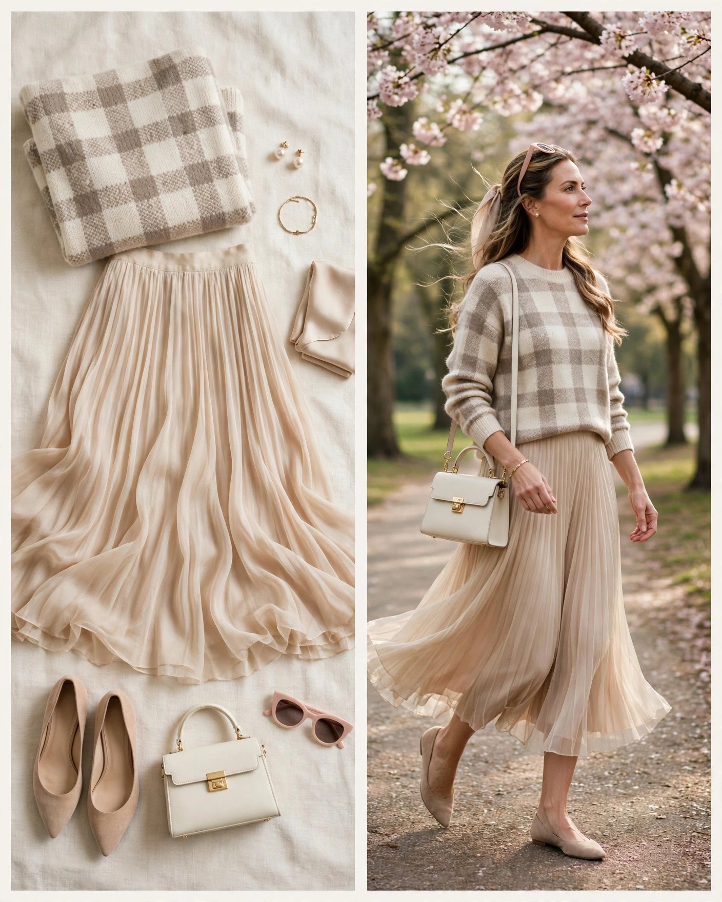 Cream plaid knit sweater with pleated midi skirt