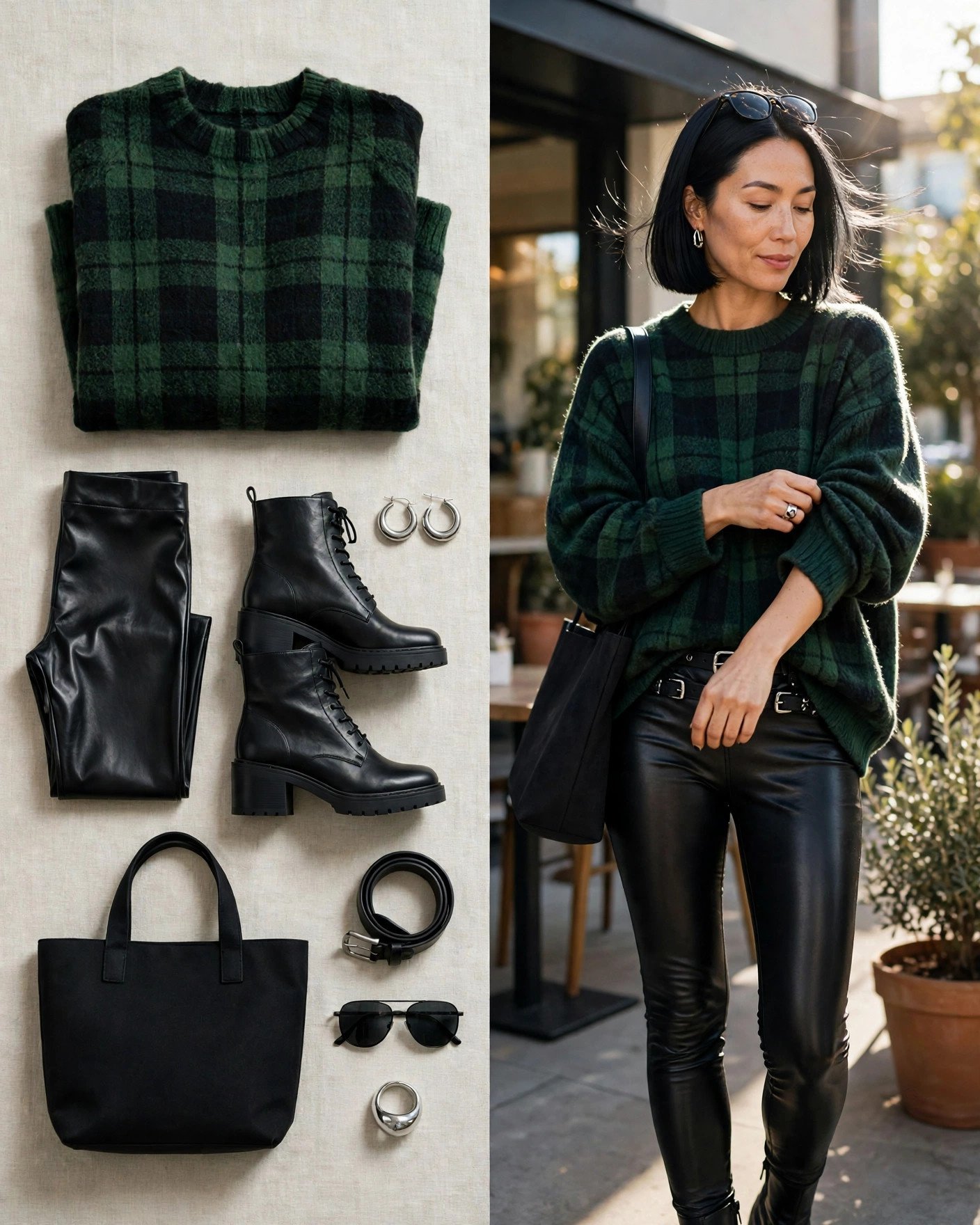 Oversized green plaid sweater with leather leggings