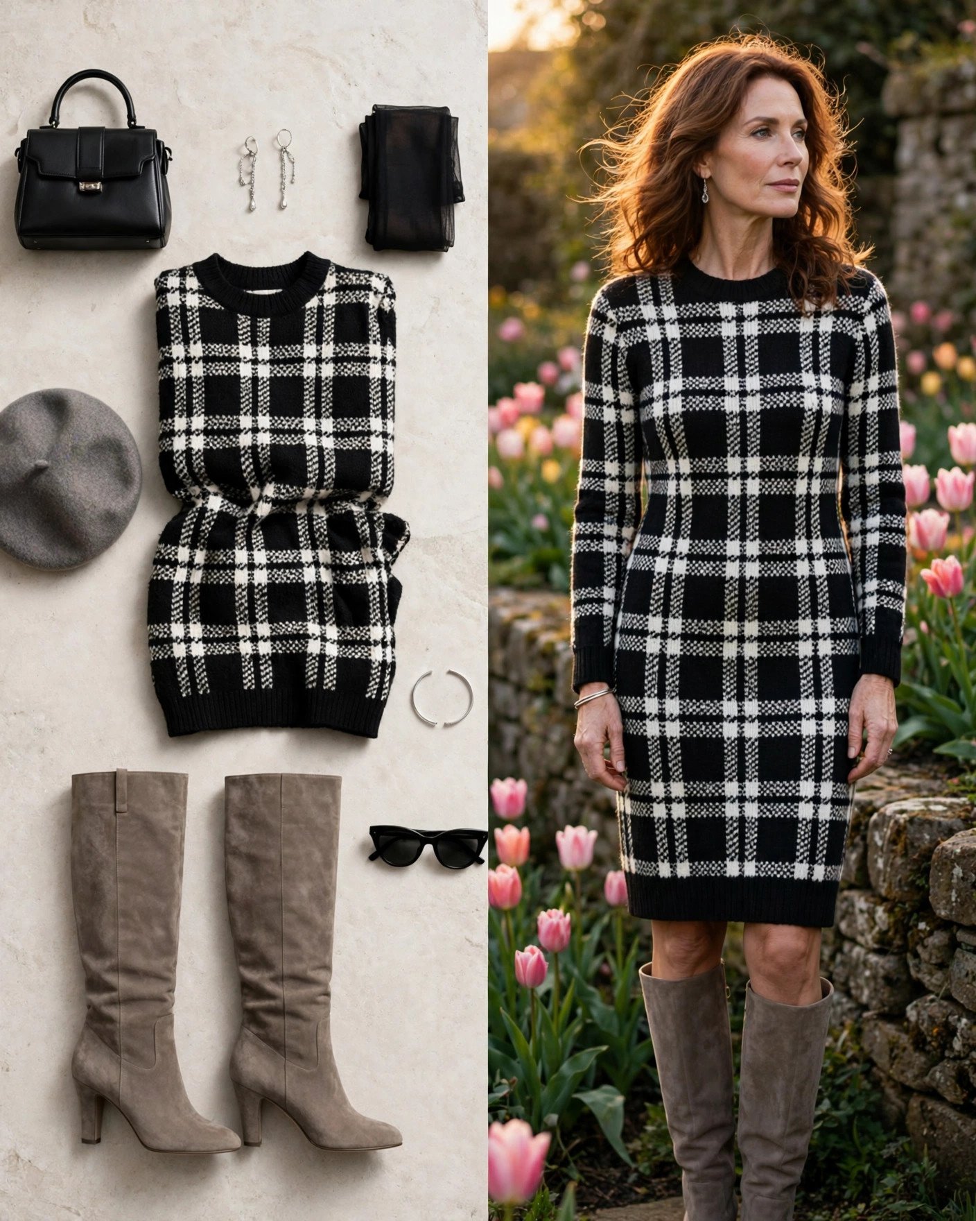 Black and white plaid sweater dress with knee boots