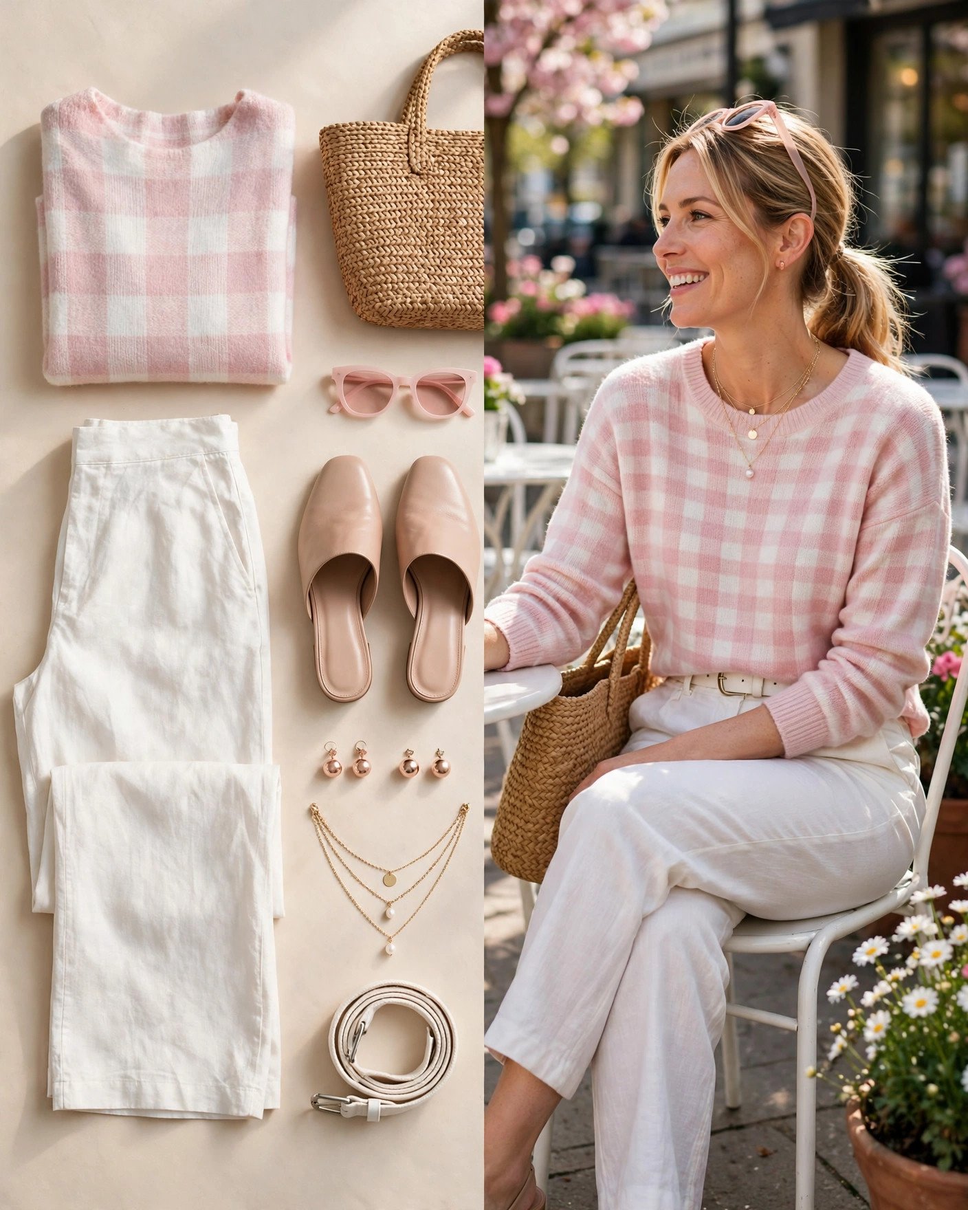Pastel pink plaid sweater with white wide-leg trousers