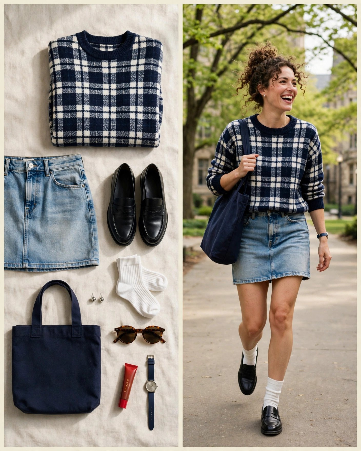 Navy plaid sweater with denim mini skirt and loafers