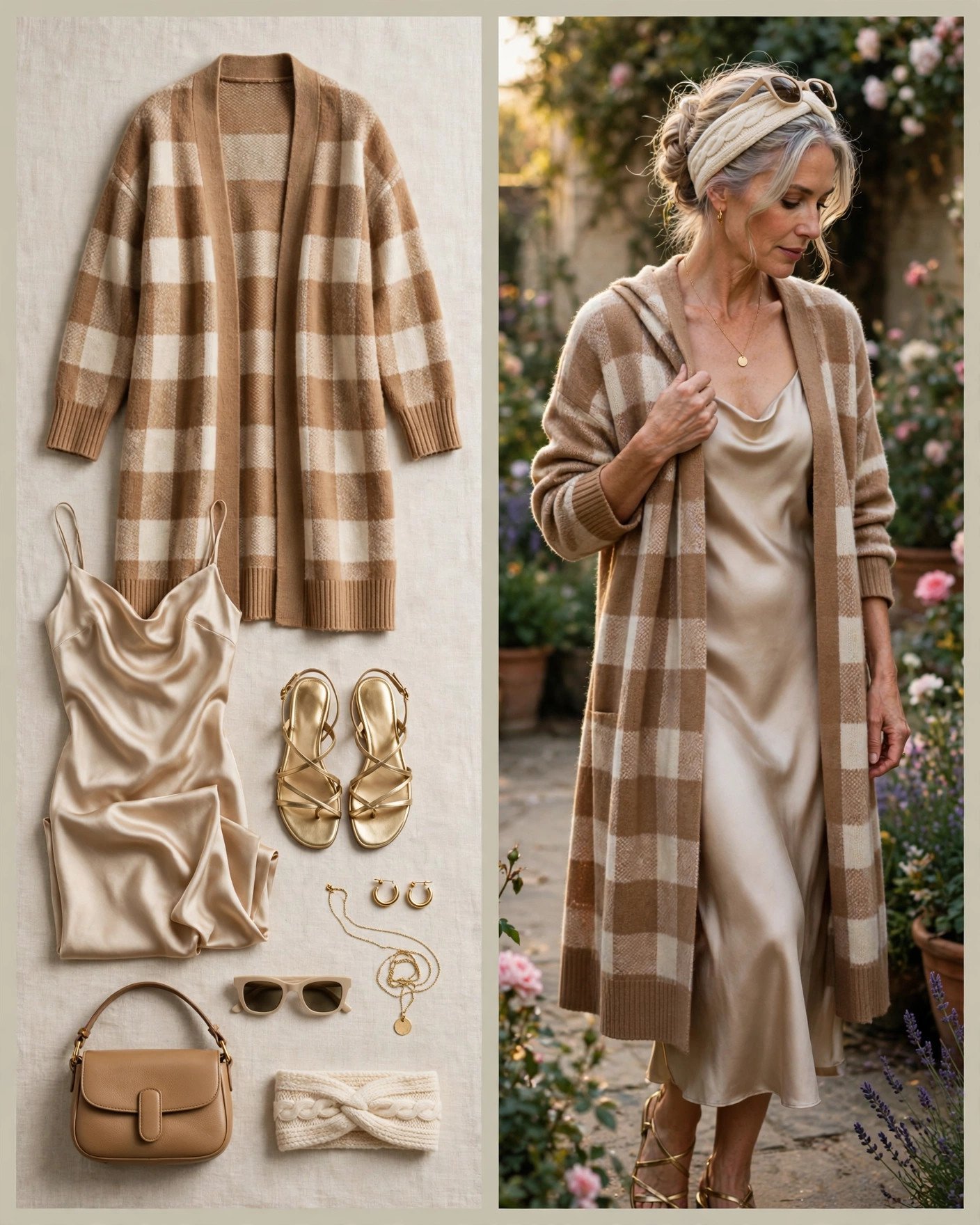 Camel plaid cardigan sweater over a slip dress