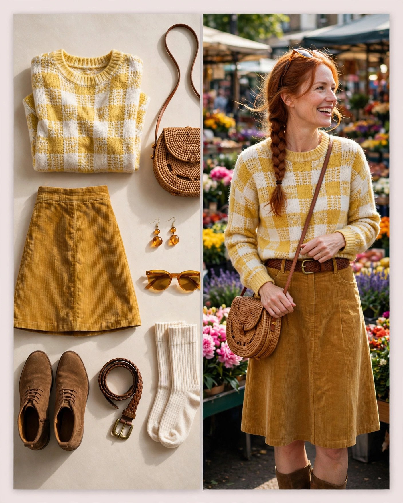 Yellow plaid sweater with corduroy skirt