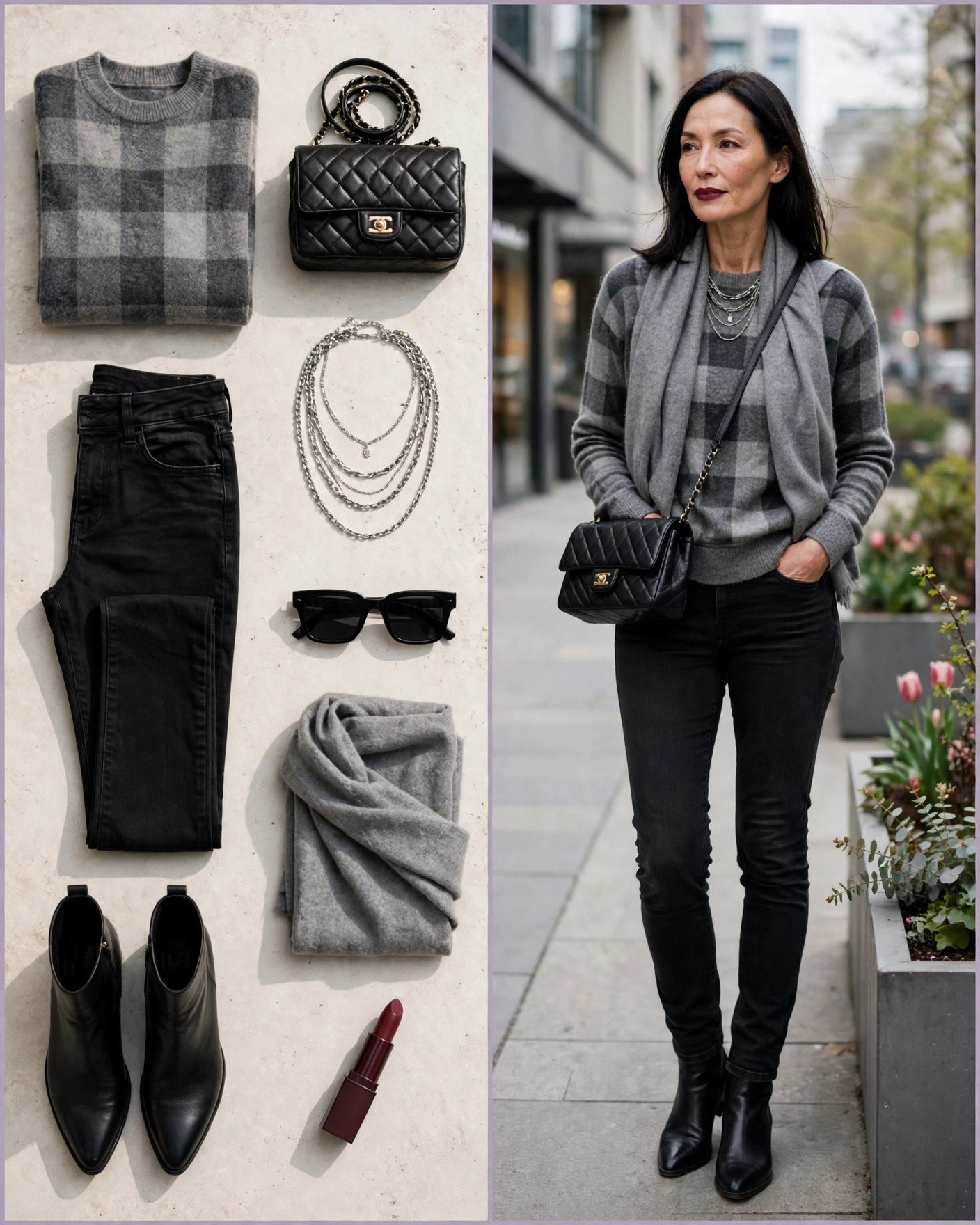 Grey plaid sweater with black skinny jeans and ankle boots