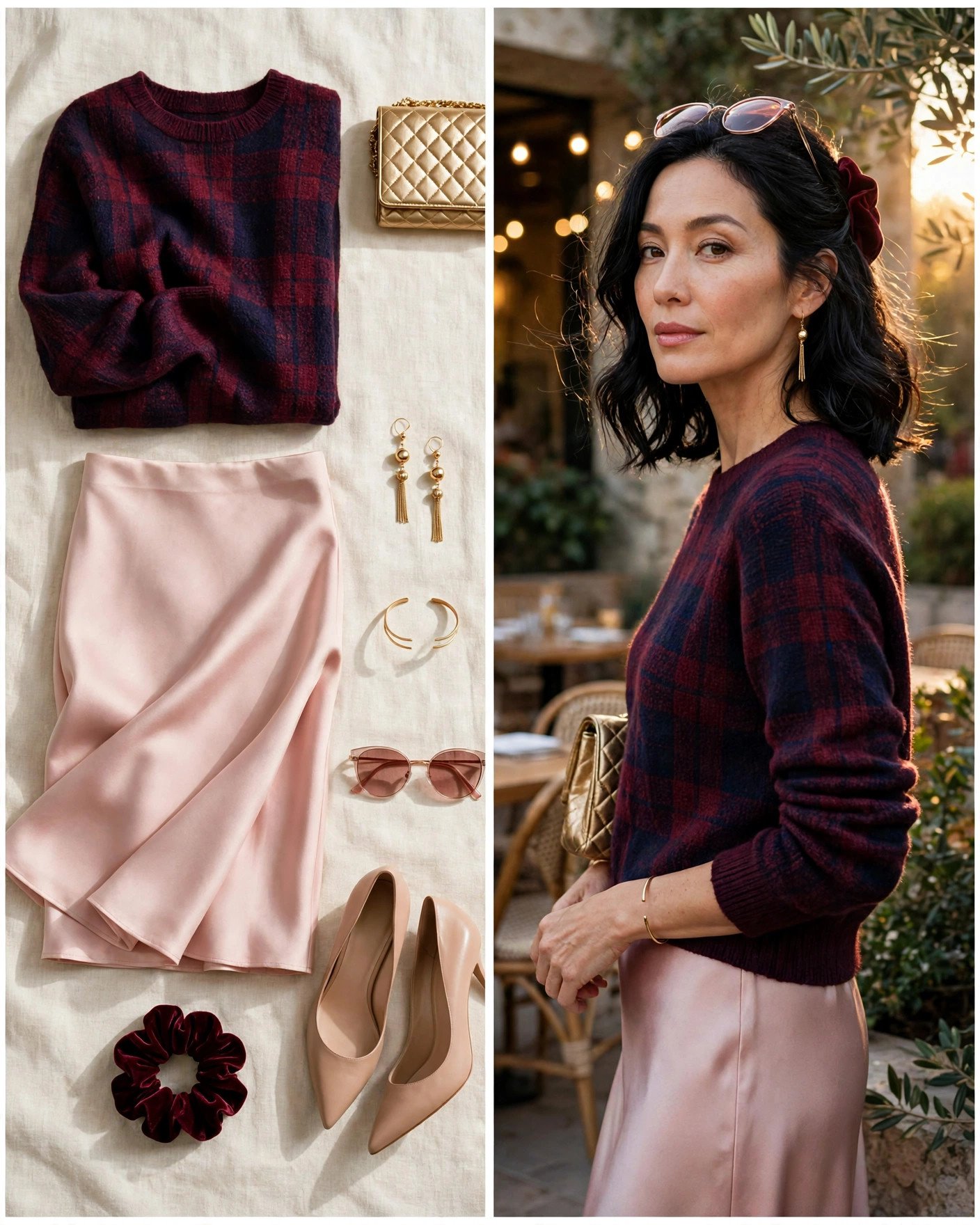 Burgundy plaid sweater with satin midi skirt