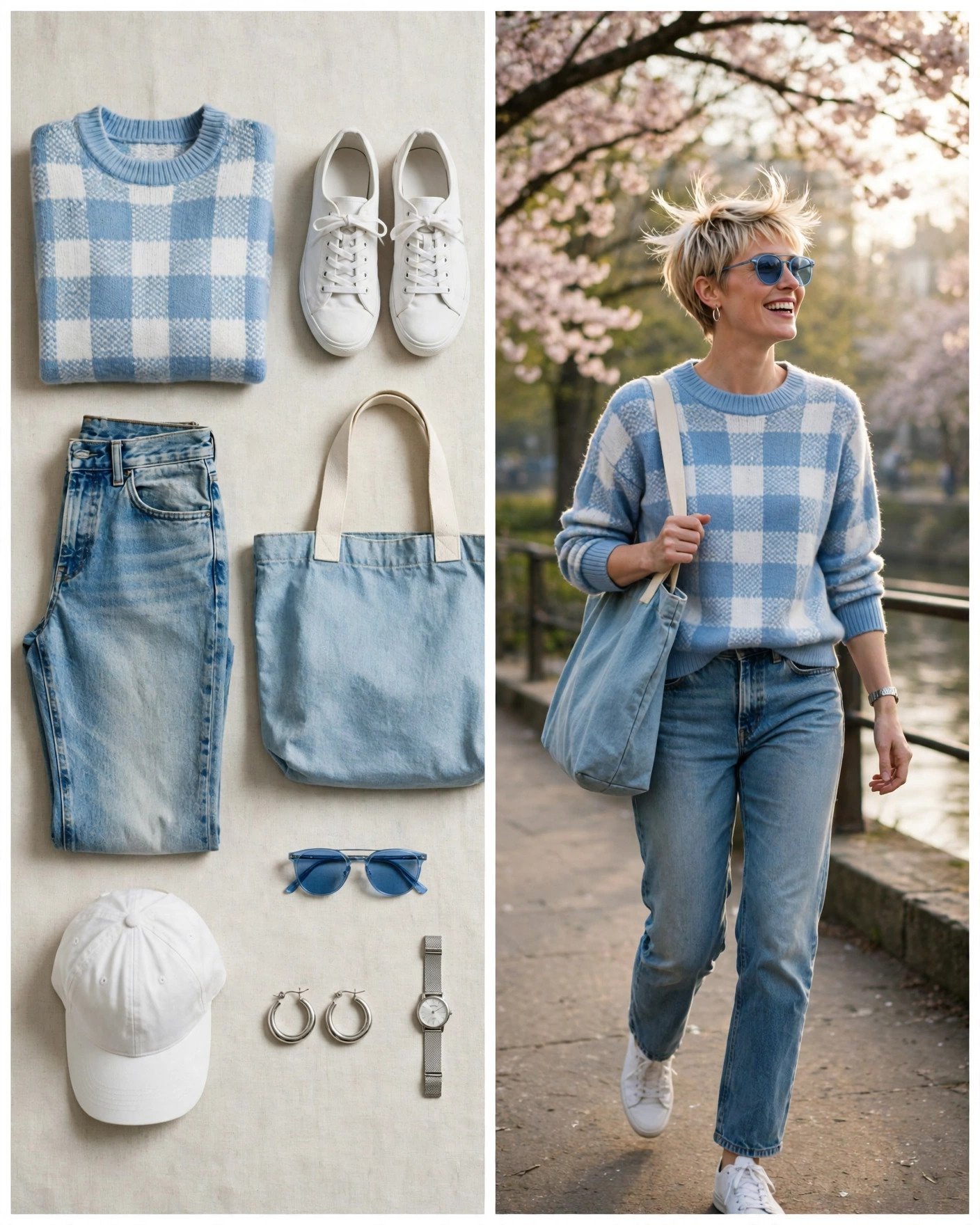 Blue plaid sweater with straight-leg jeans and sneakers