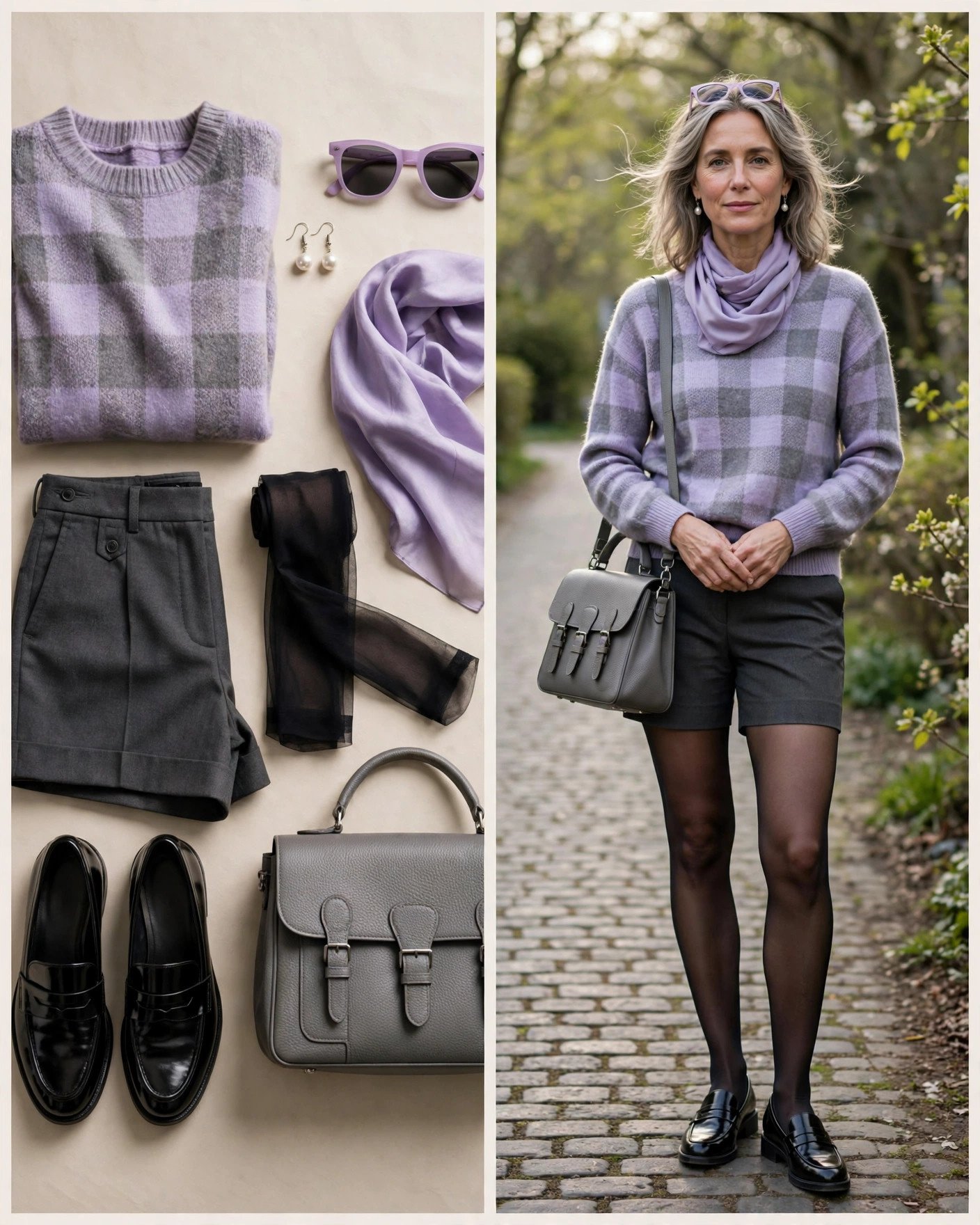 Lavender plaid sweater with tailored shorts and tights