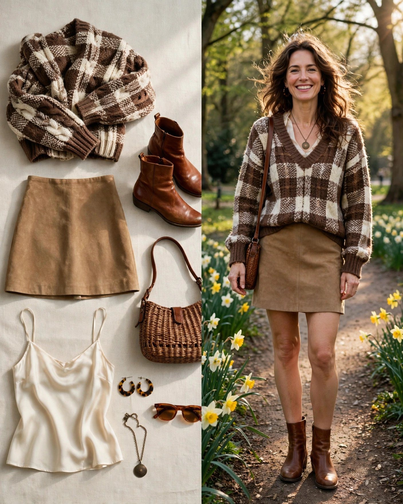 Brown plaid sweater with suede skirt