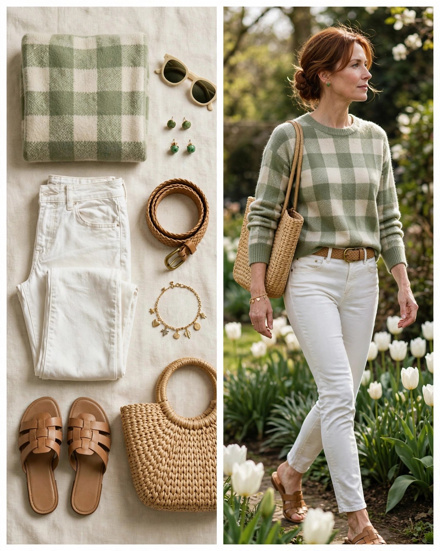 Green and cream plaid sweater with white jeans