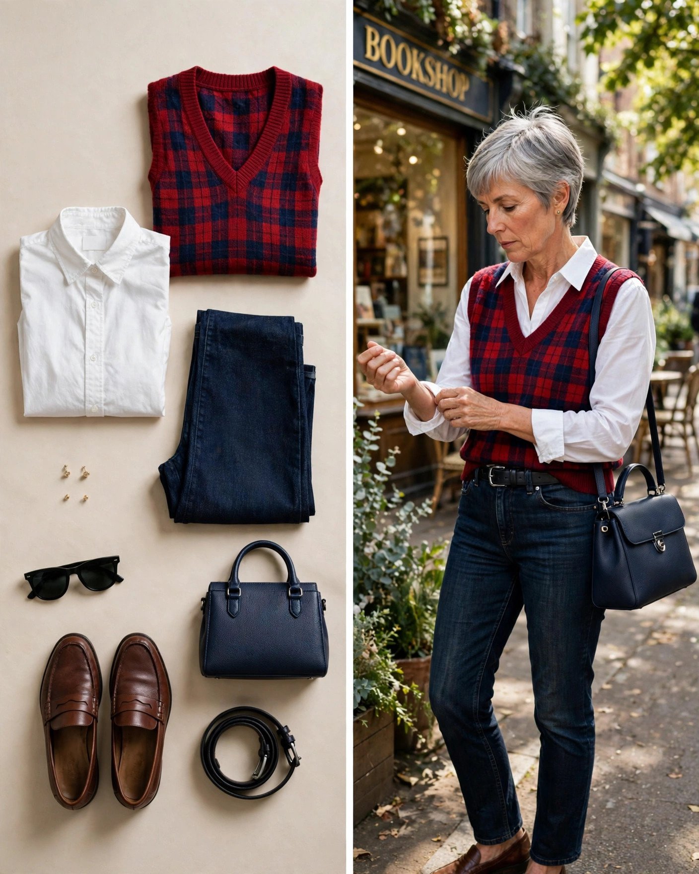 Red plaid sweater vest layered over a white shirt