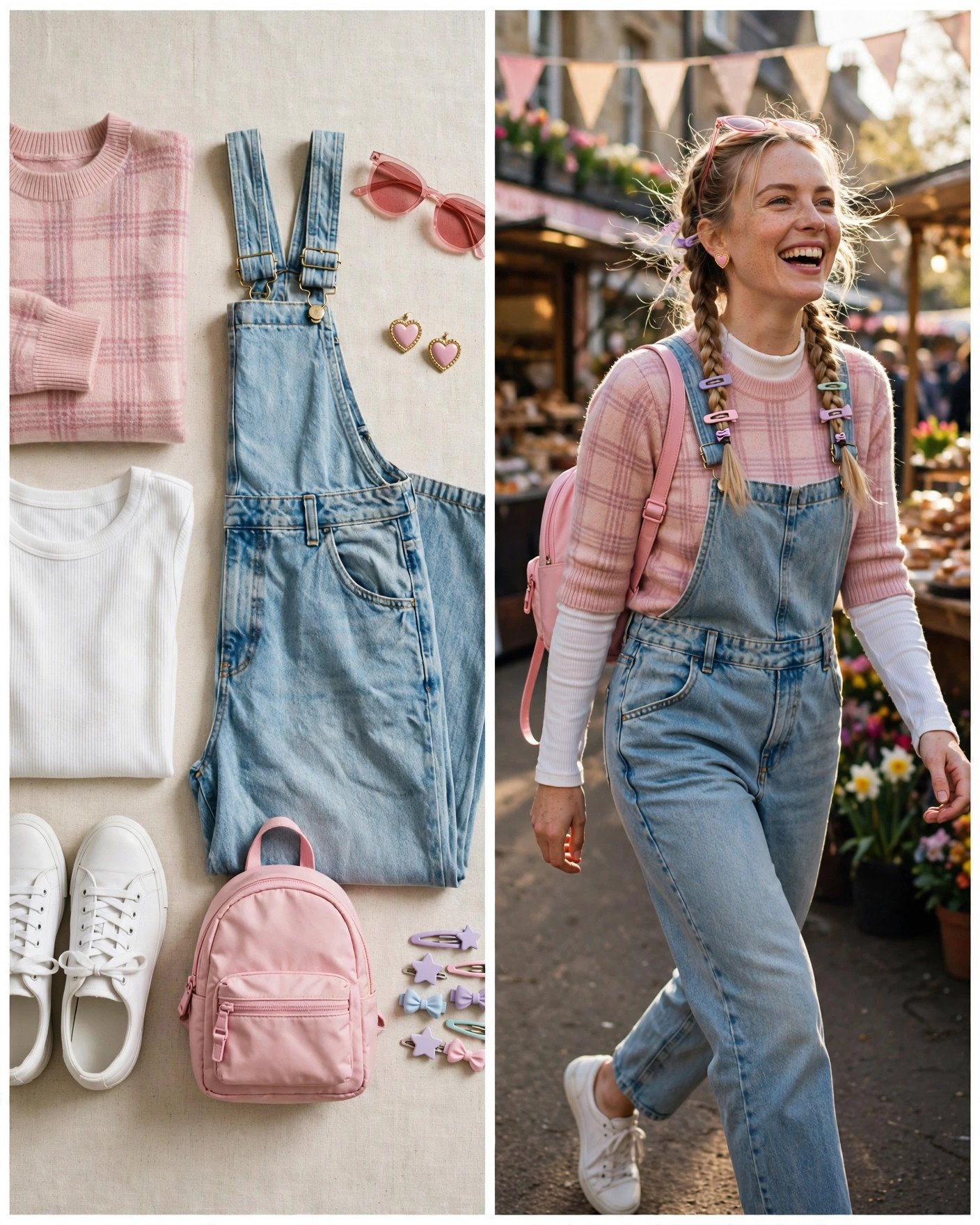 Pink plaid sweater with denim dungarees