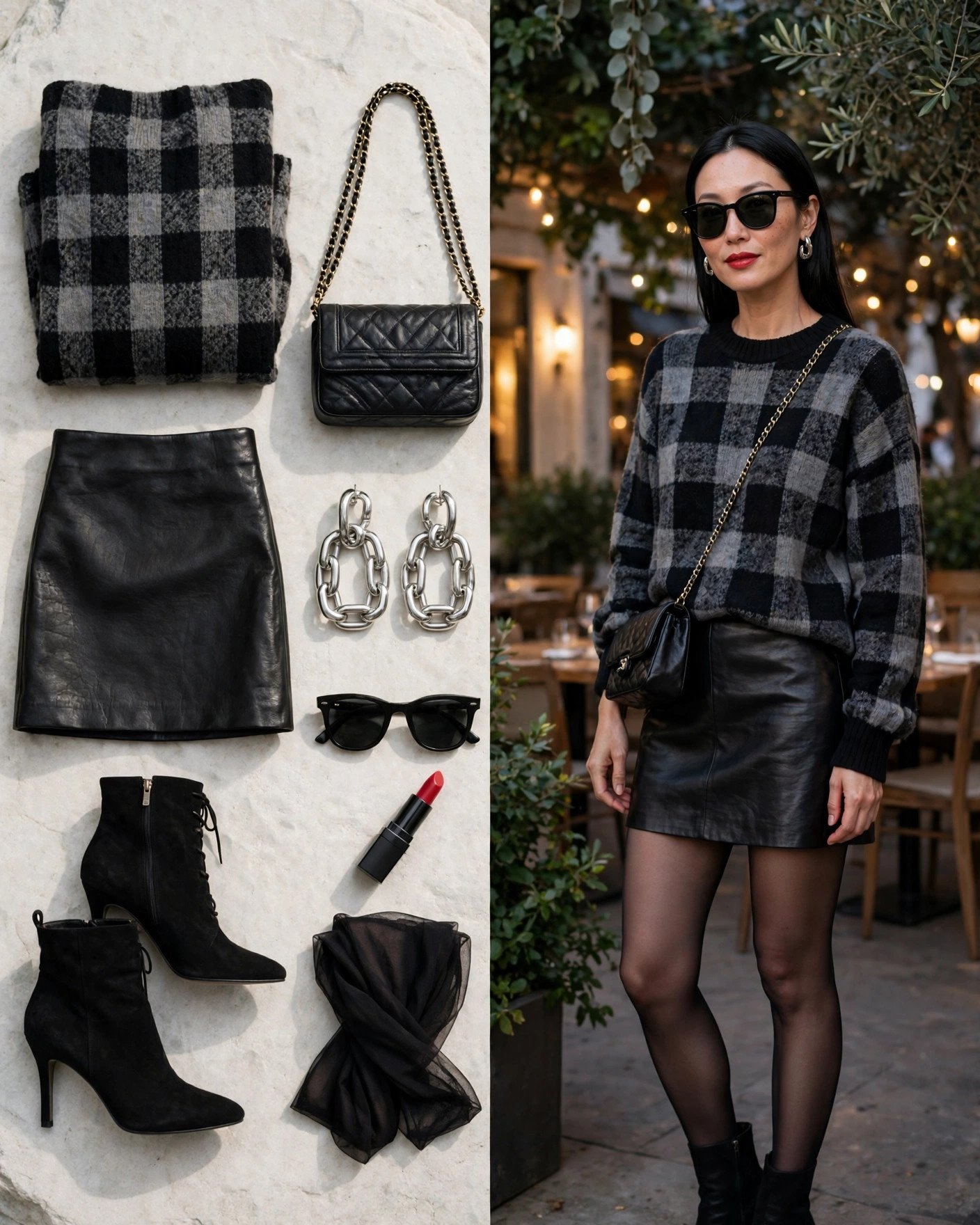 Black plaid sweater with leather mini skirt