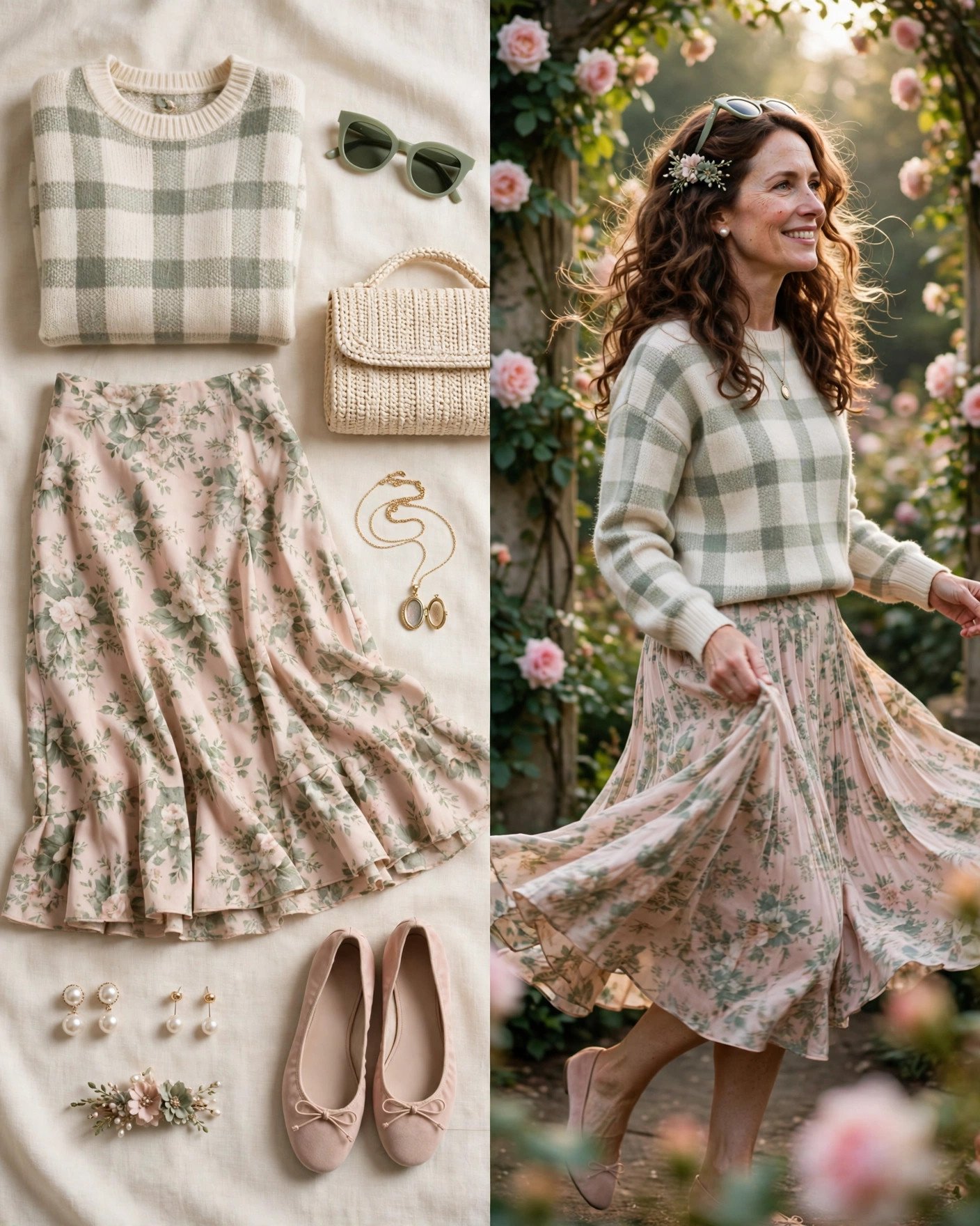 Cream plaid sweater with floral midi skirt