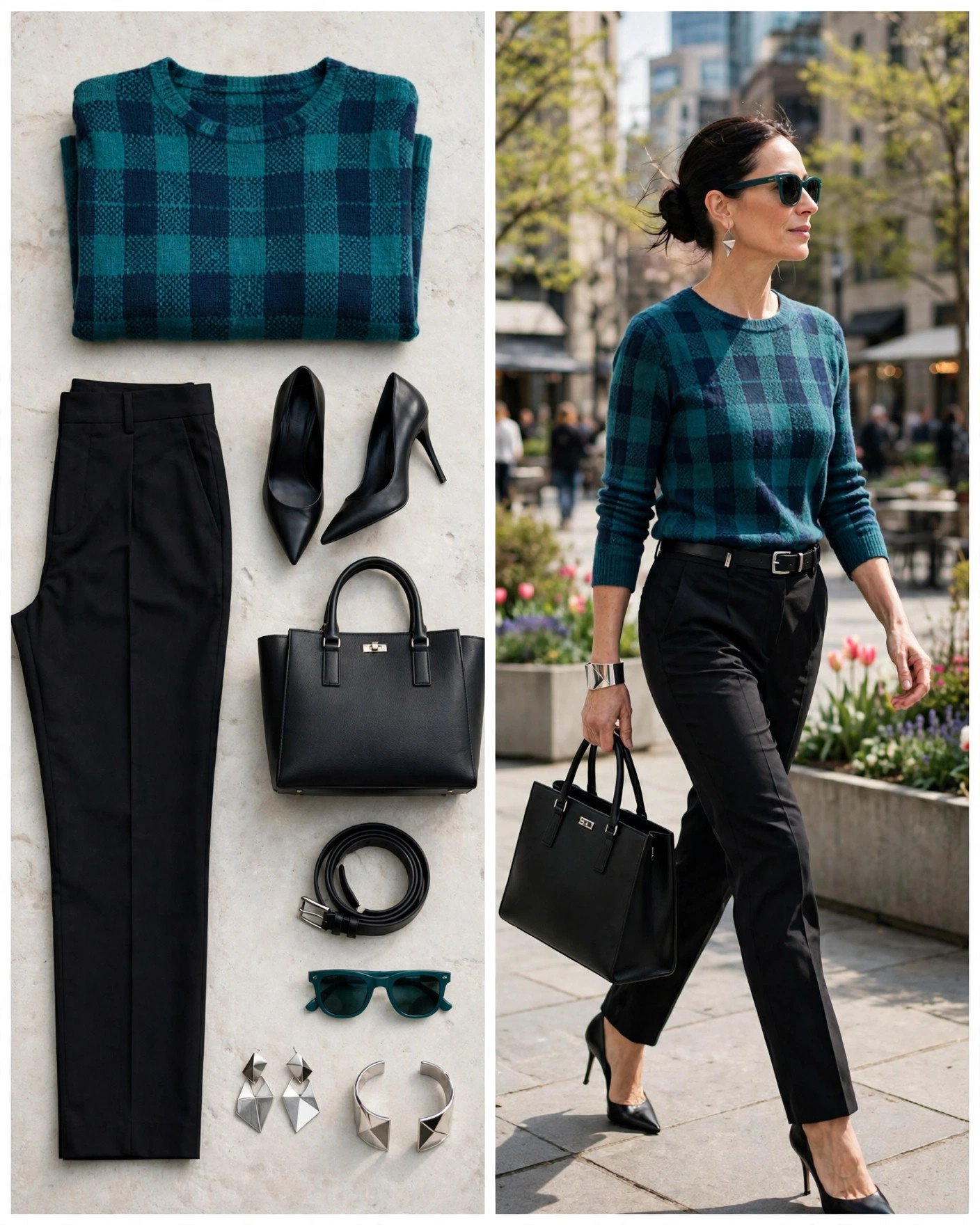 Teal plaid sweater with black trousers and heels