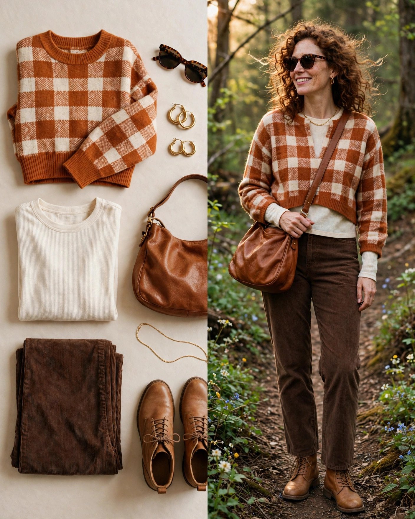 Orange plaid sweater with brown corduroy pants