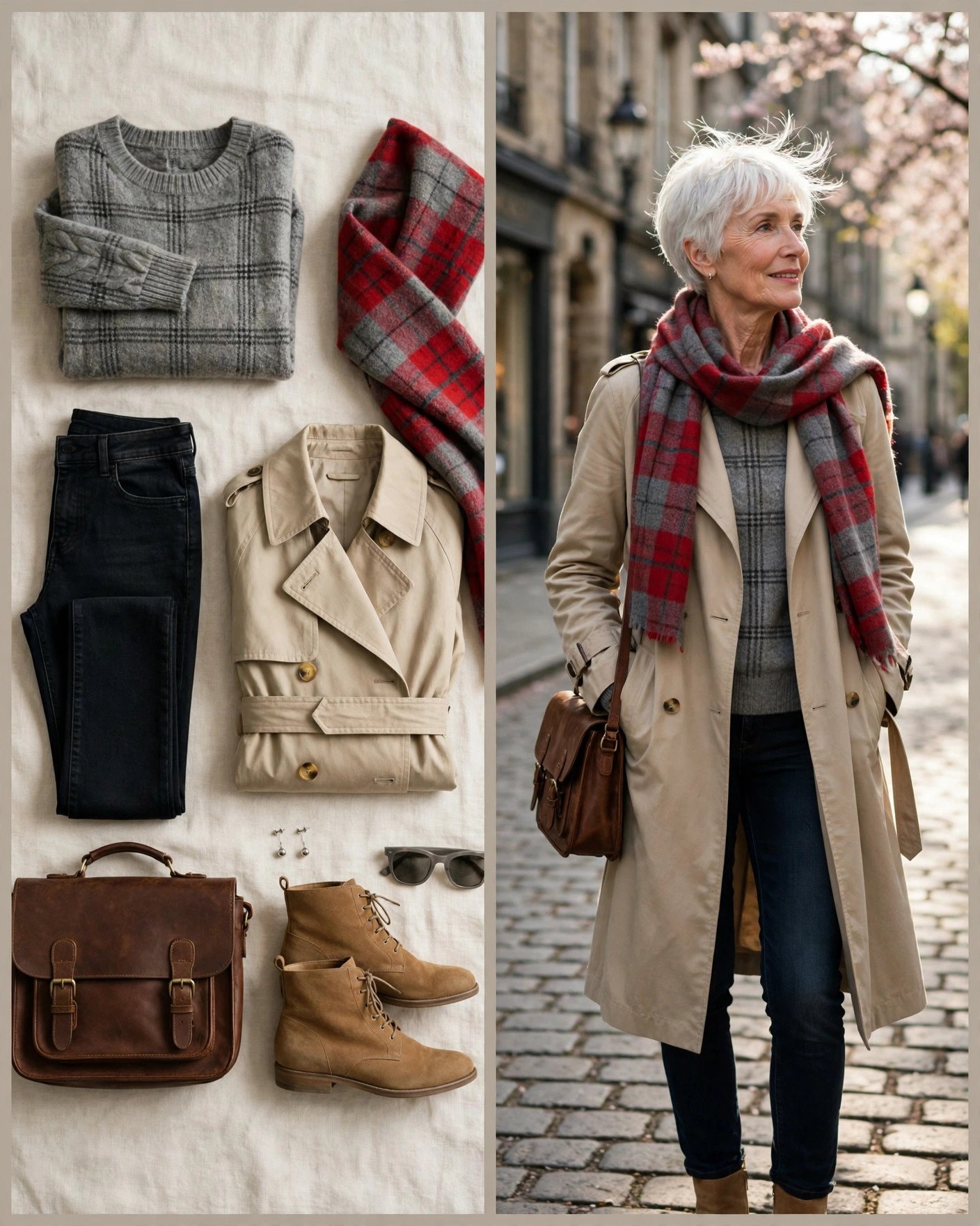 Grey plaid sweater with tartan scarf and trench coat