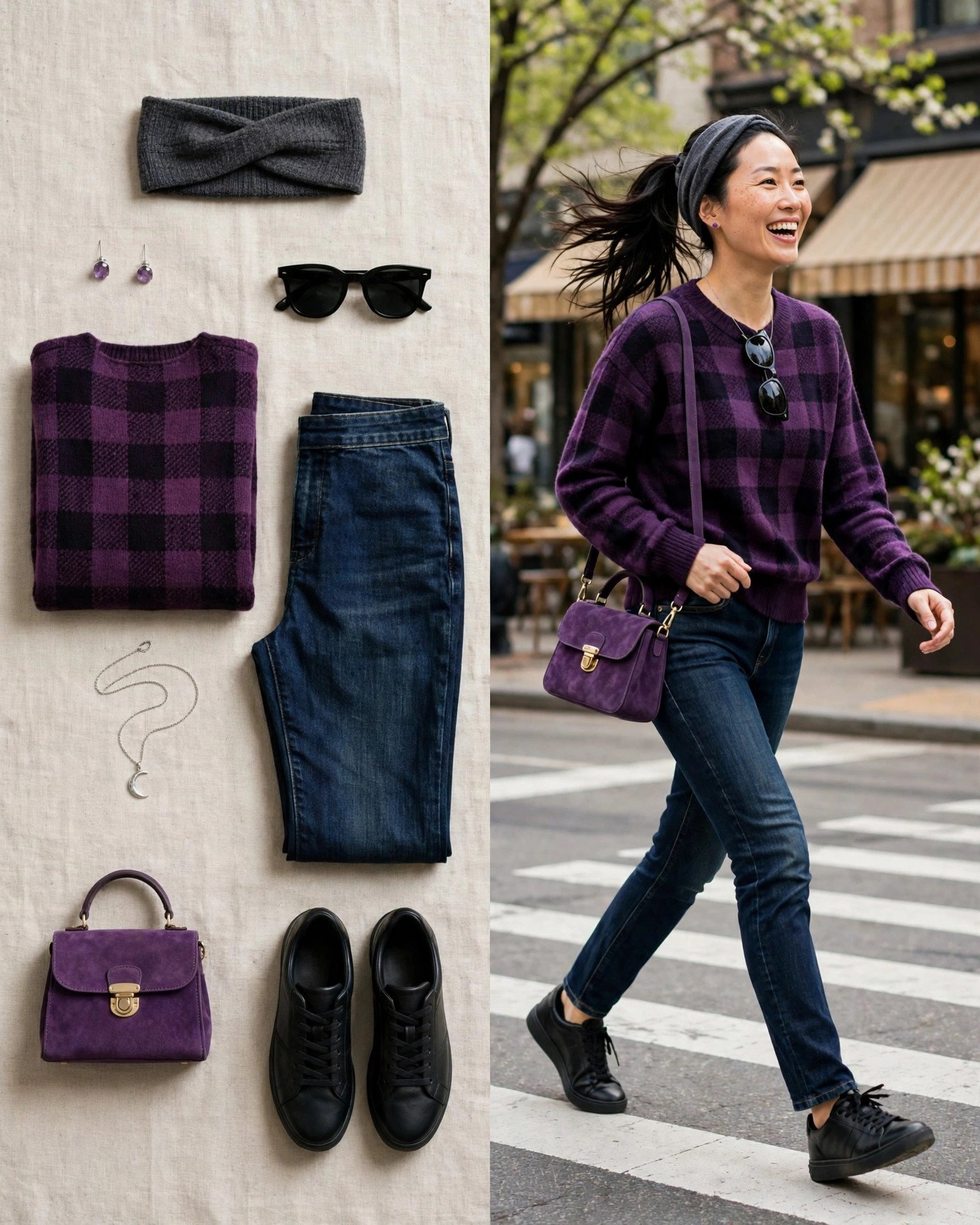 Purple plaid sweater with dark wash jeans