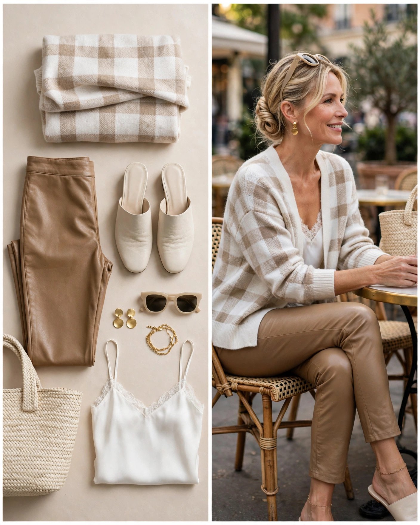 White plaid sweater with tan leather pants