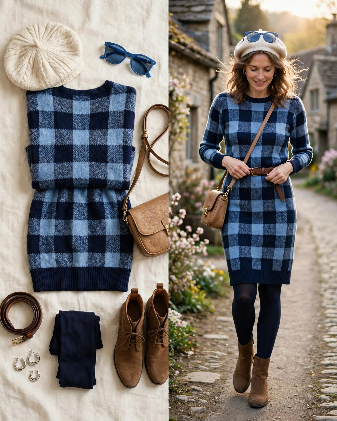 Blue plaid sweater dress with belt and boots