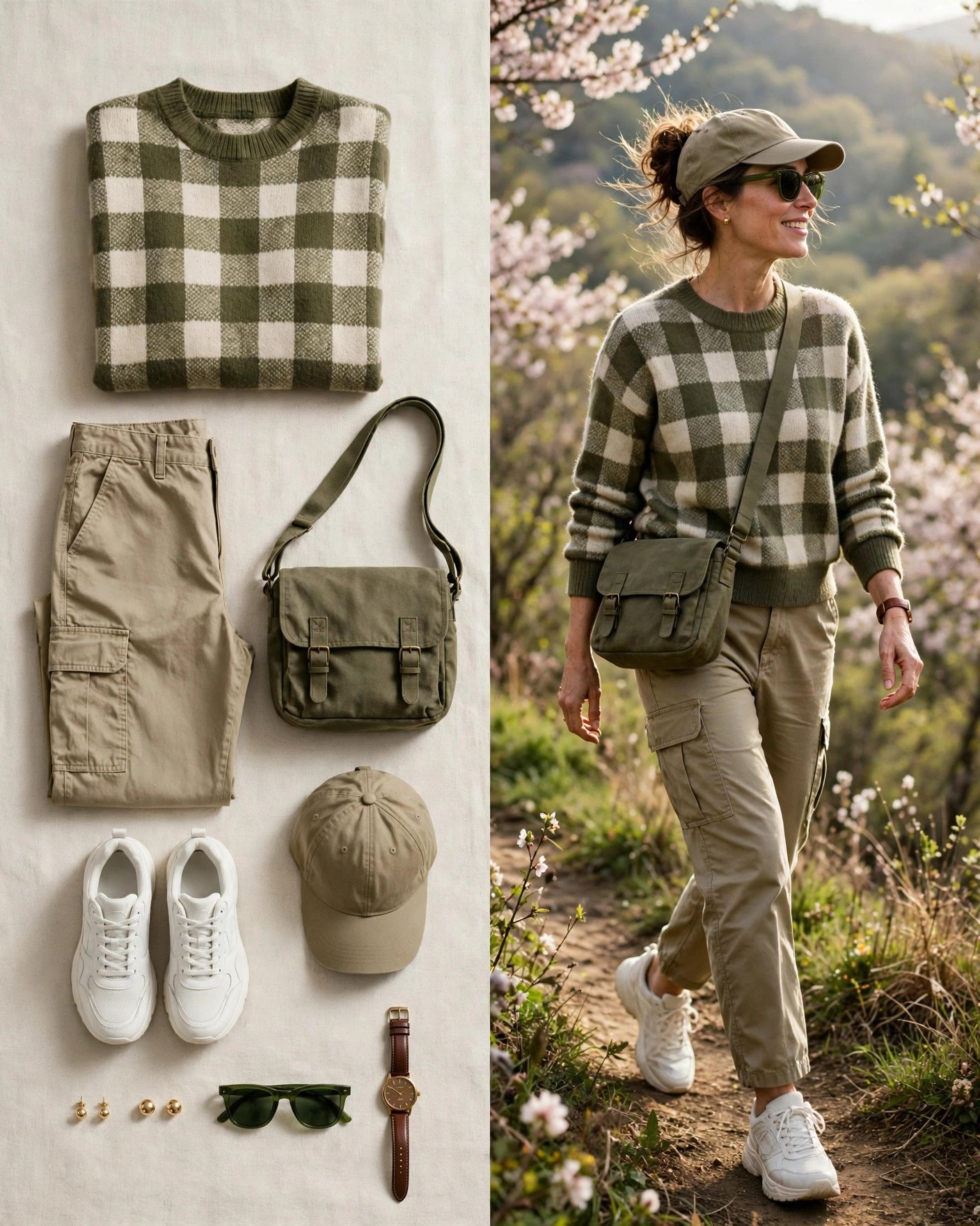 Green plaid sweater with khaki cargo pants