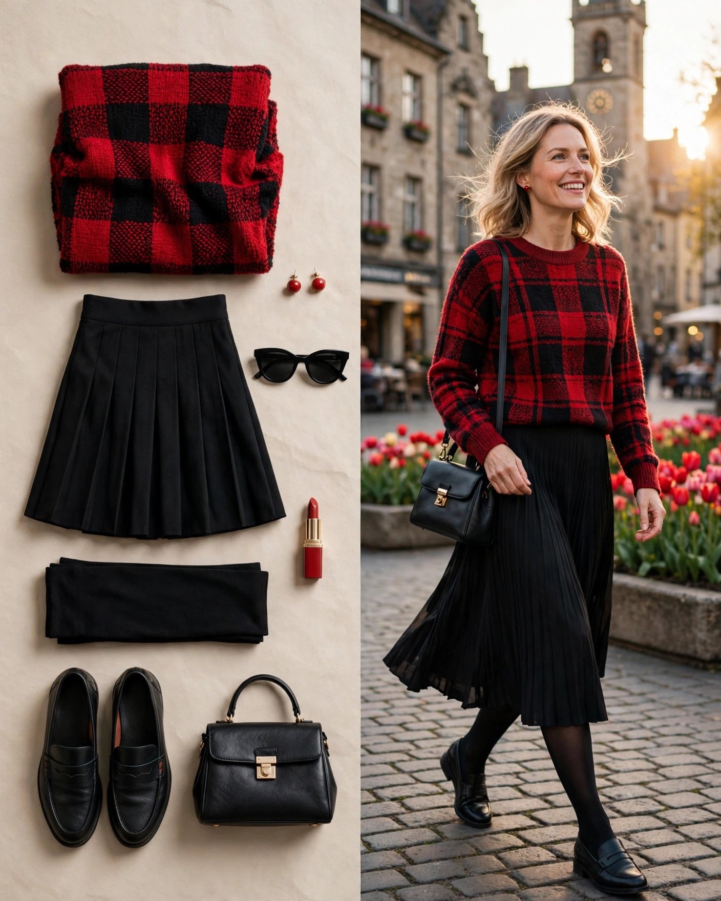 Red plaid sweater with black pleated skirt