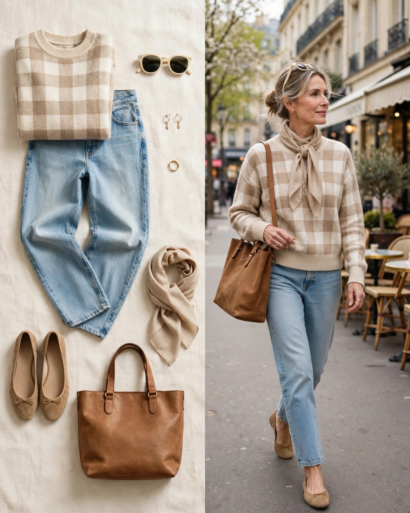 Beige plaid sweater with light wash jeans and ballet flats