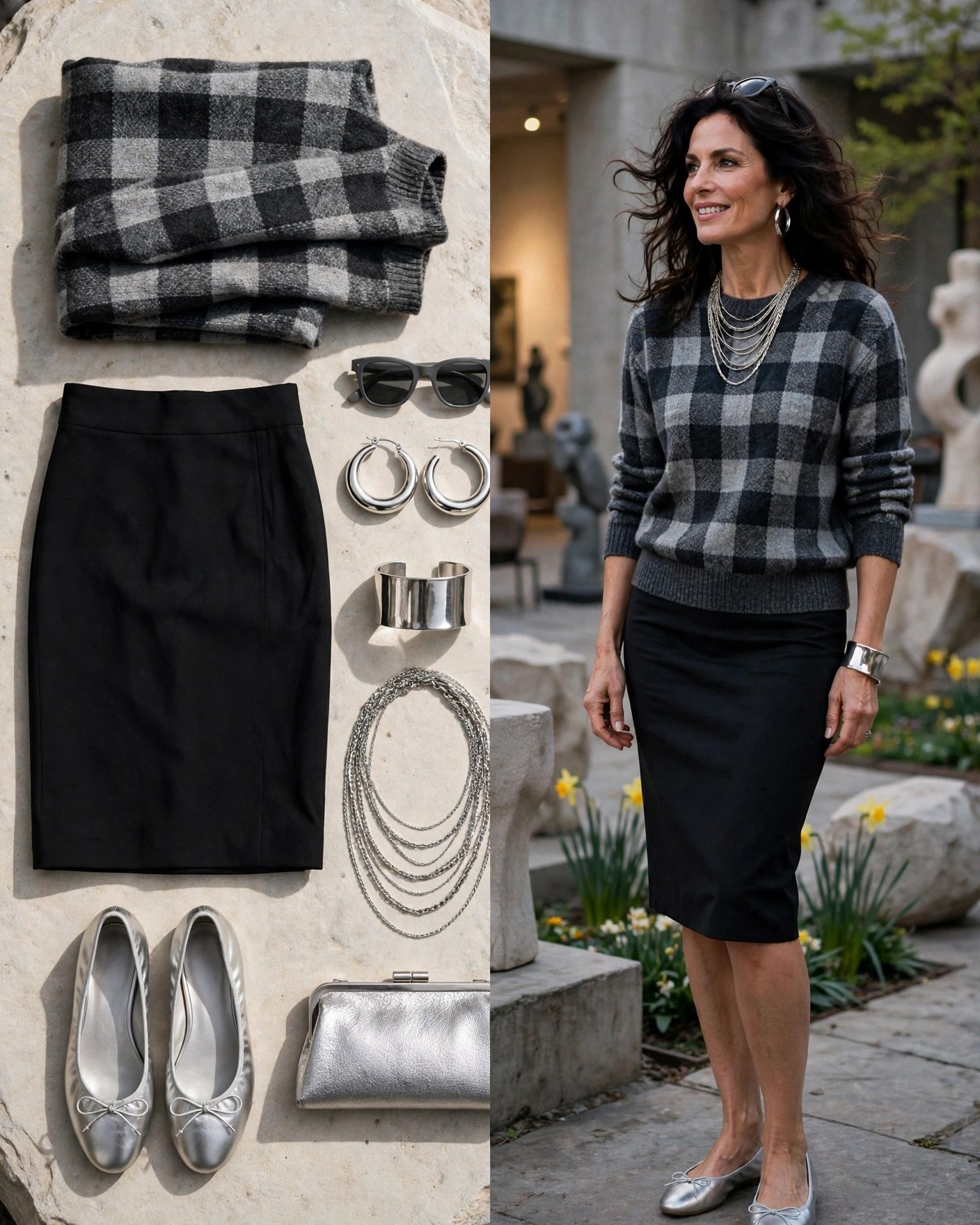 Charcoal plaid sweater with silver accessories and black skirt
