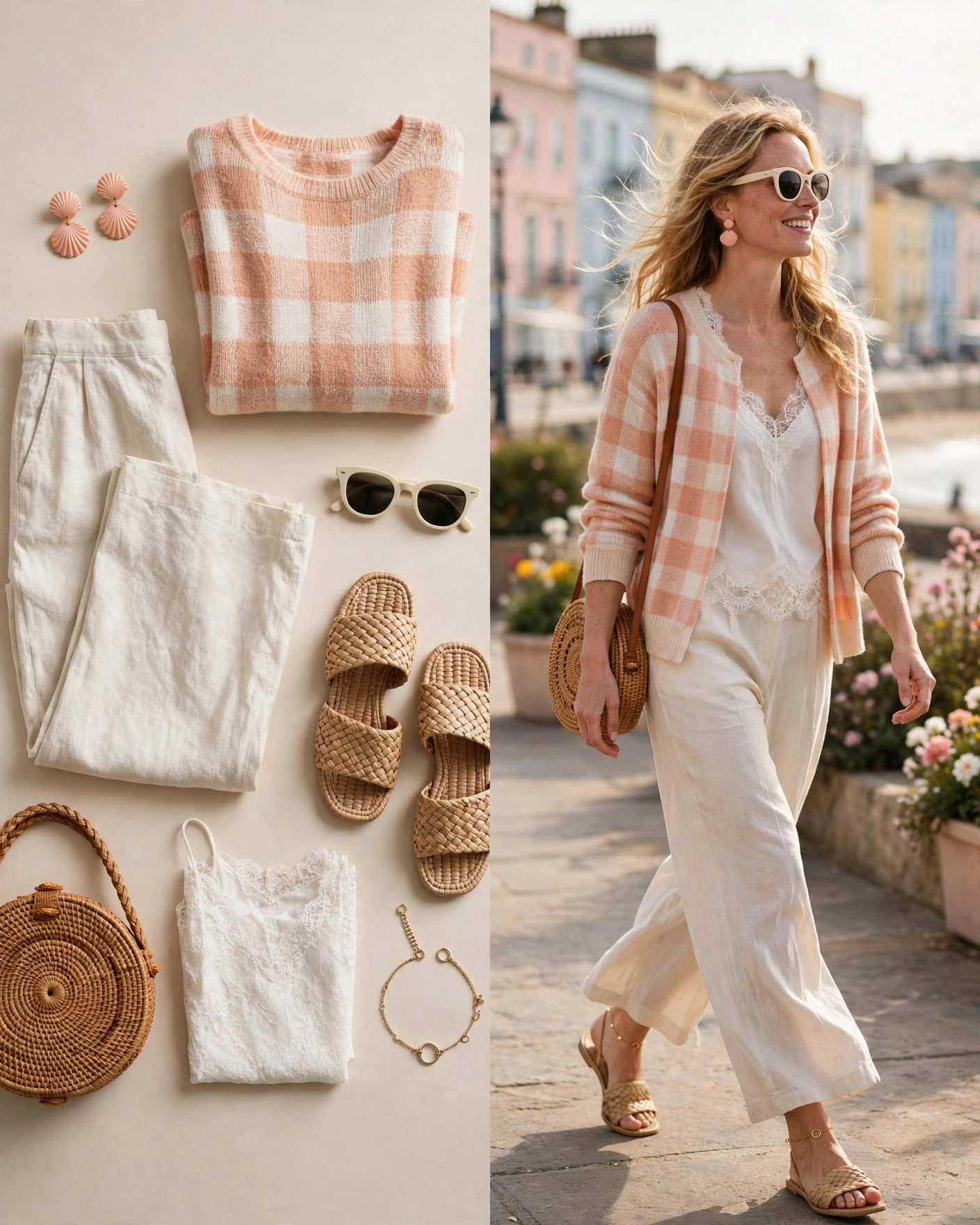 Peach plaid sweater with cream linen trousers