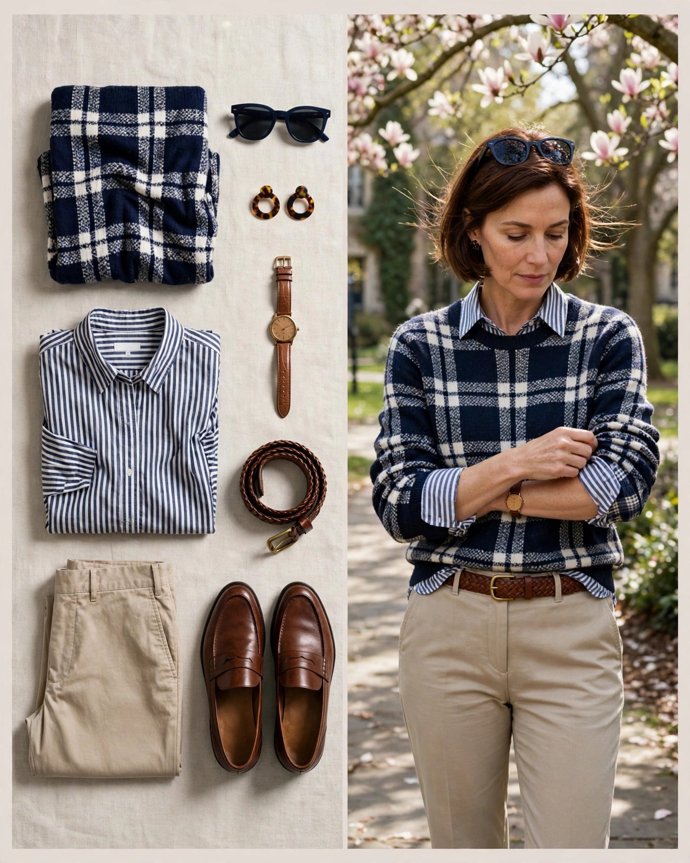 Navy plaid sweater with striped shirt layer and chinos