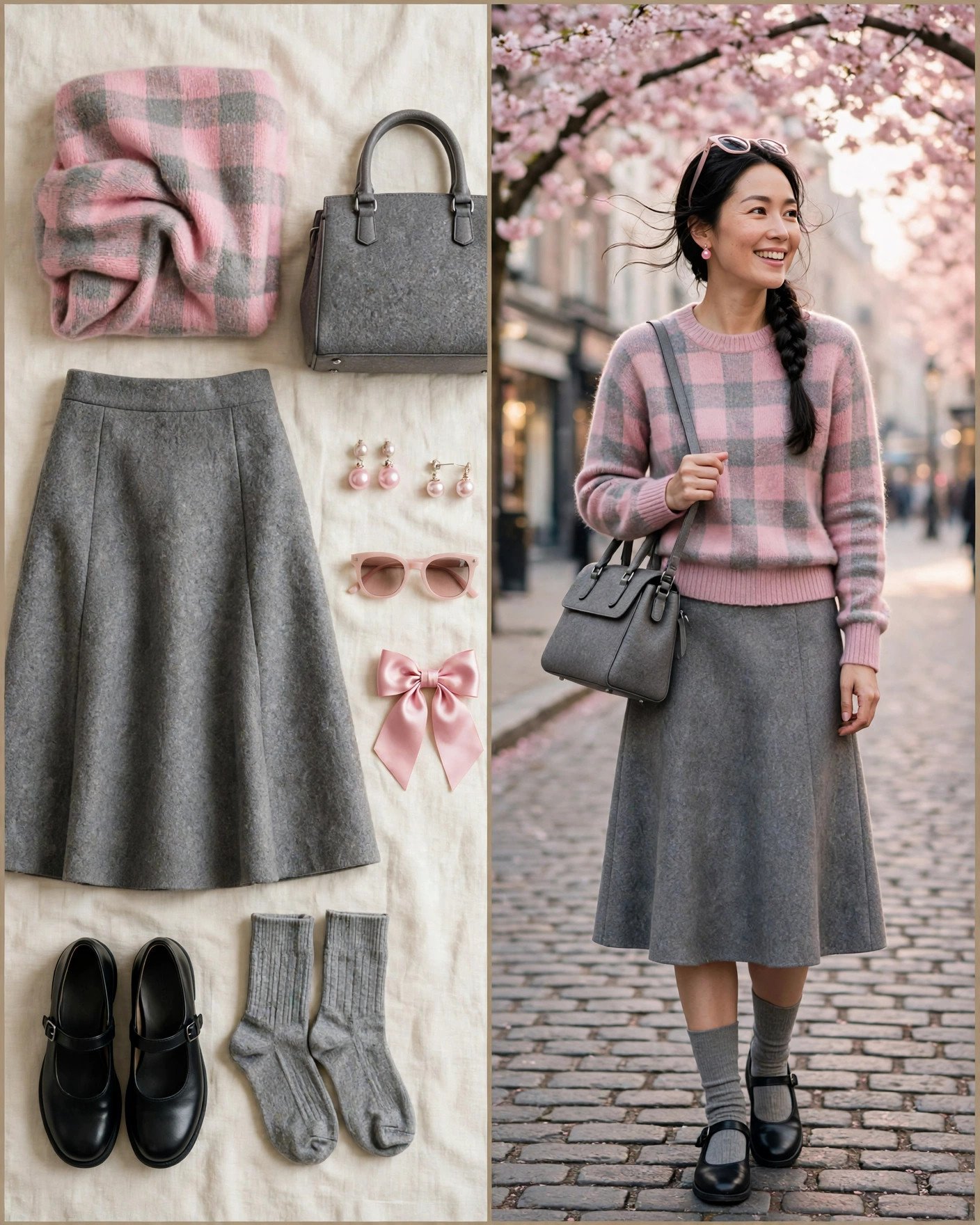 Pink plaid sweater with grey wool skirt and knee socks
