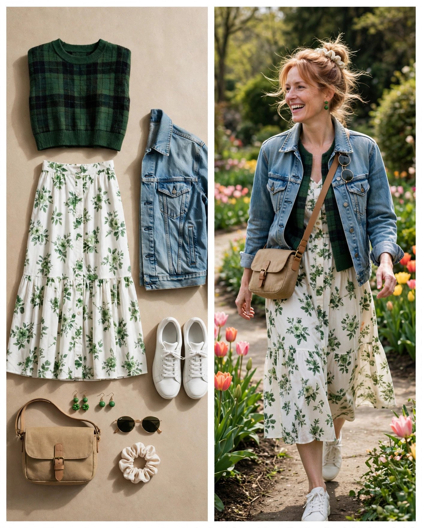 Forest plaid sweater with denim jacket and midi dress