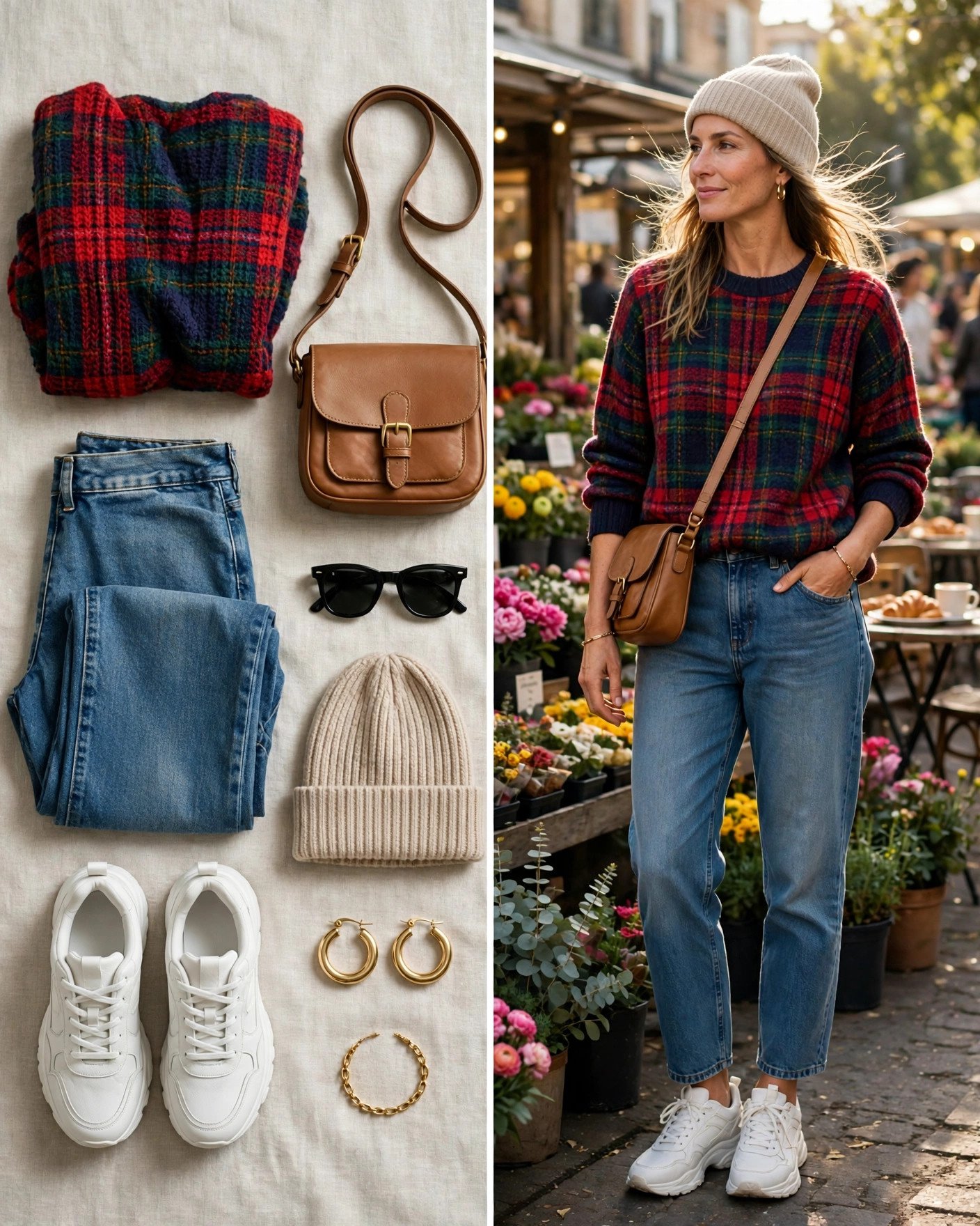 Multicolor plaid sweater with white sneakers and crossbody for the weekend